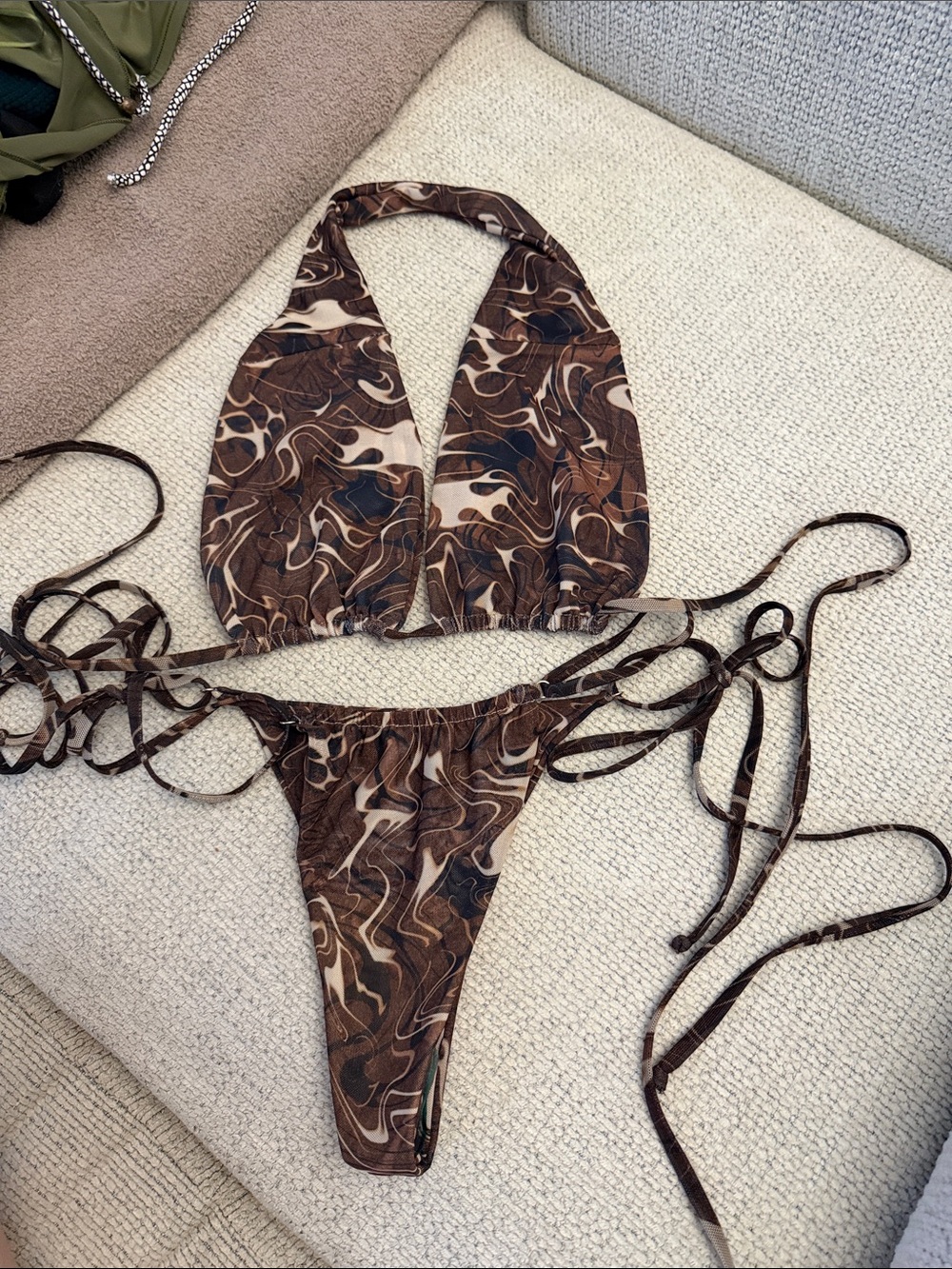 Gonza Brown Marble Print Halter Bikini Top & Tie-Side Bottoms